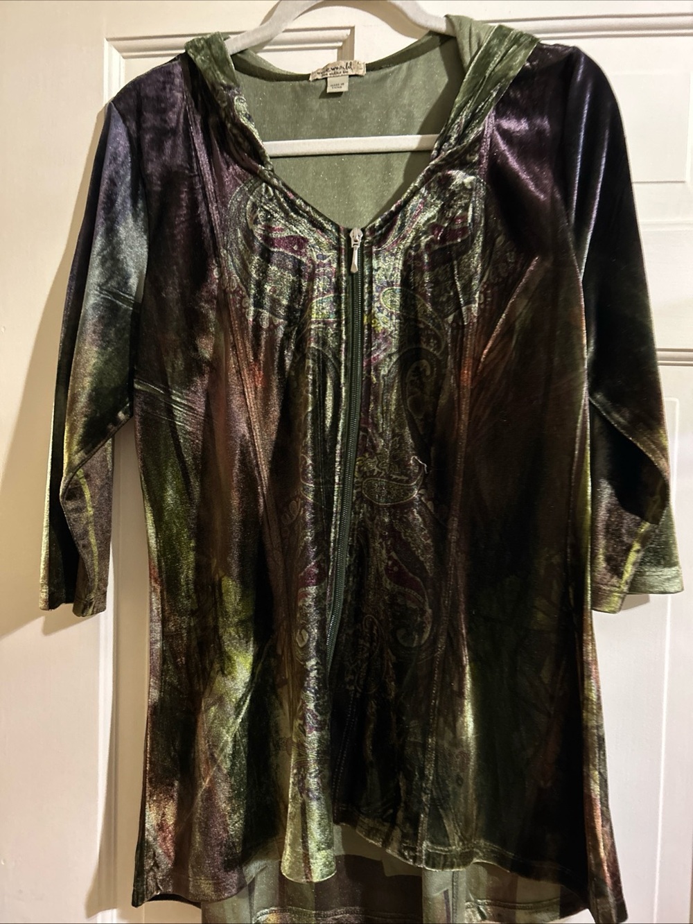 One World Large Green Velveteen Baroque Print Zip Jacket Hoodie Long Sleeve Y2K